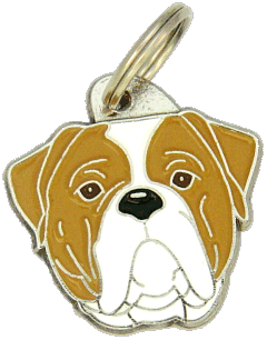 BULLDOG AMERICANO BIANCO MARRONE <br> (medagliette per cani, L’incisione è inclusa nel prezzo)